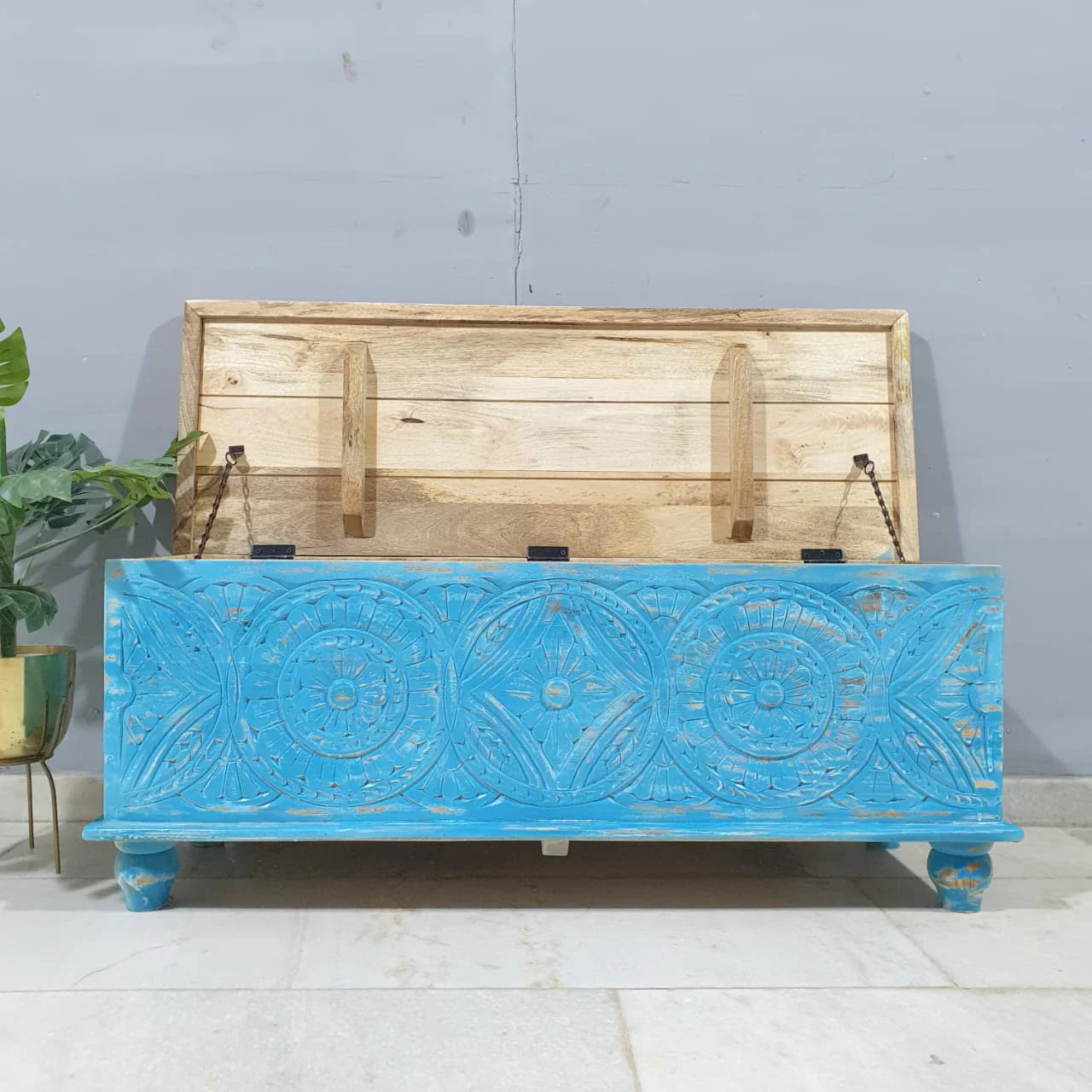 hand carved blanket box, mango wood trunk, blue blanket box, distressed blue trunk, two tone box, natural top trunk, blanket trunk, linen chest, indian furniture, bedroom blanket box, living room trunk, entryway chest, storage bench, coffee table trunk, handmade blanket box, artisan made trunk, premium wood chest, quality wood furniture, durable trunk, sturdy blanket box, timeless chest, elegant trunk, statement blanket box, heirloom chest, coastal trunk, bohemian blanket box, eclectic chest, vintage trunk,
