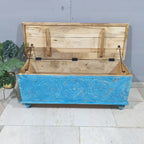 hand carved blanket box, mango wood trunk, blue blanket box, distressed blue trunk, two tone box, natural top trunk, blanket trunk, linen chest, indian furniture, bedroom blanket box, living room trunk, entryway chest, storage bench, coffee table trunk, handmade blanket box, artisan made trunk, premium wood chest, quality wood furniture, durable trunk, sturdy blanket box, timeless chest, elegant trunk, statement blanket box, heirloom chest, coastal trunk, bohemian blanket box, eclectic chest, vintage trunk,