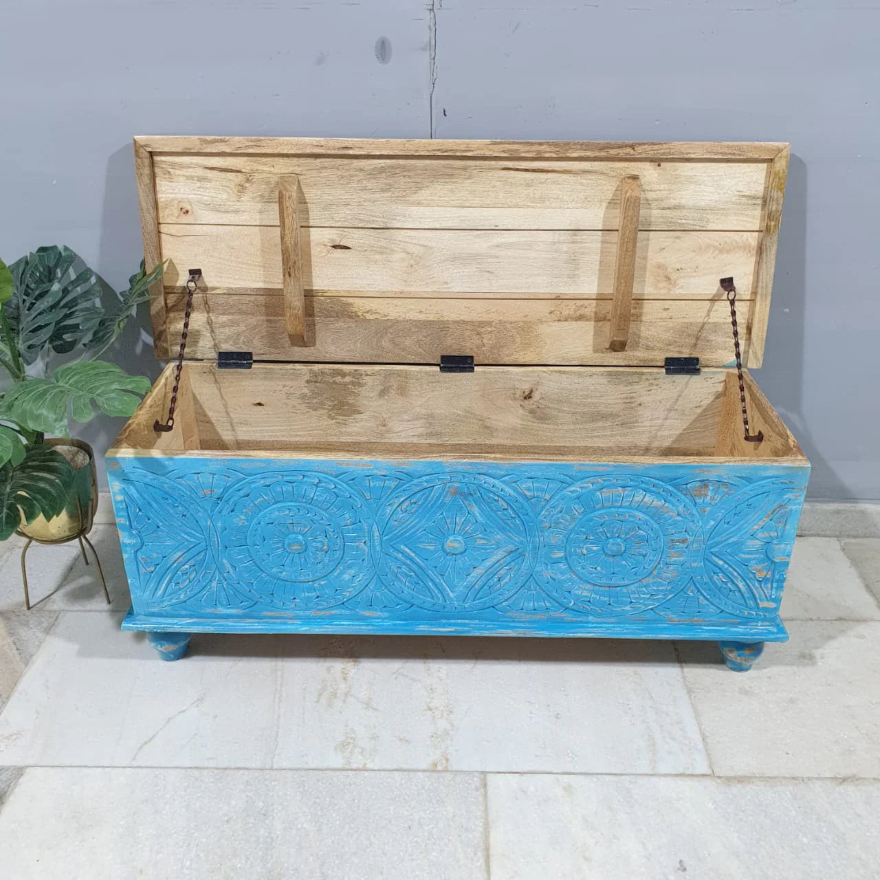 hand carved blanket box, mango wood trunk, blue blanket box, distressed blue trunk, two tone box, natural top trunk, blanket trunk, linen chest, indian furniture, bedroom blanket box, living room trunk, entryway chest, storage bench, coffee table trunk, handmade blanket box, artisan made trunk, premium wood chest, quality wood furniture, durable trunk, sturdy blanket box, timeless chest, elegant trunk, statement blanket box, heirloom chest, coastal trunk, bohemian blanket box, eclectic chest, vintage trunk,