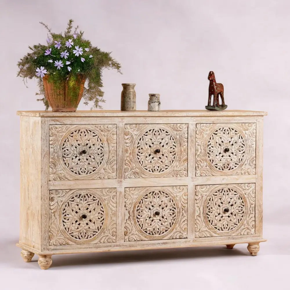 White Rustic Hand Carved Solid Wood Cabinet cabinet  antique style jlhomedecor2021.myshopify.com