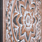 hand carved wall panel, mango wood wall art, triptych wall panel, natural wood panel, whitewashed panel, three panel wall art, square wall panel, jali carved panel, openwork wall hanging, lotus medallion panel, acanthus wall art, heritage wall art, indian furniture, living room wall art, bedroom wall decor, home office wall panel, decorative wall panel, handmade wall art, artisan made panel, premium wood art, quality wood decor, durable wall panel, solid wood panel, timeless wall art, elegant panel, stateme