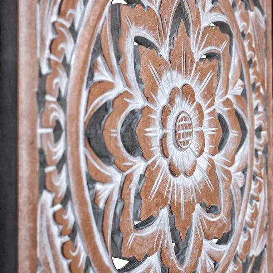 hand carved wall panel, mango wood wall art, triptych wall panel, natural wood panel, whitewashed panel, three panel wall art, square wall panel, jali carved panel, openwork wall hanging, lotus medallion panel, acanthus wall art, heritage wall art, indian furniture, living room wall art, bedroom wall decor, home office wall panel, decorative wall panel, handmade wall art, artisan made panel, premium wood art, quality wood decor, durable wall panel, solid wood panel, timeless wall art, elegant panel, stateme