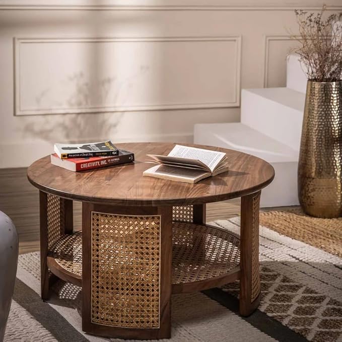 rattan coffee table, acacia wood coffee table, cane coffee table, round coffee table, woven rattan table, walnut coffee table, coastal coffee table, mid century table, bohemian table, indian furniture, living room table, statement coffee table, handmade coffee table, artisan made table, premium wood table, quality furniture, durable table, sturdy table, timeless table, elegant table, unique table, sculptural table, focal piece table, handcrafted in india, sustainable acacia wood, natural rattan, woven cane,