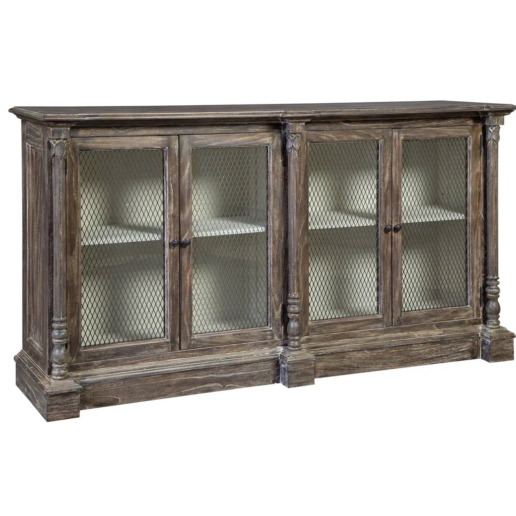 wood metal sideboard, jali sideboard, glass door sideboard, mesh door sideboard, display cabinet, distressed grey sideboard, storage sideboard, carved sideboard, vintage sideboard, accent cabinet, living room storage, dining room cabinet, hallway cabinet, entryway storage, statement sideboard, handmade sideboard, artisan made cabinet, premium wood furniture, quality furniture, durable cabinet, sturdy sideboard, timeless furniture, elegant sideboard, unique cabinet, decorative sideboard, focal piece cabinet,