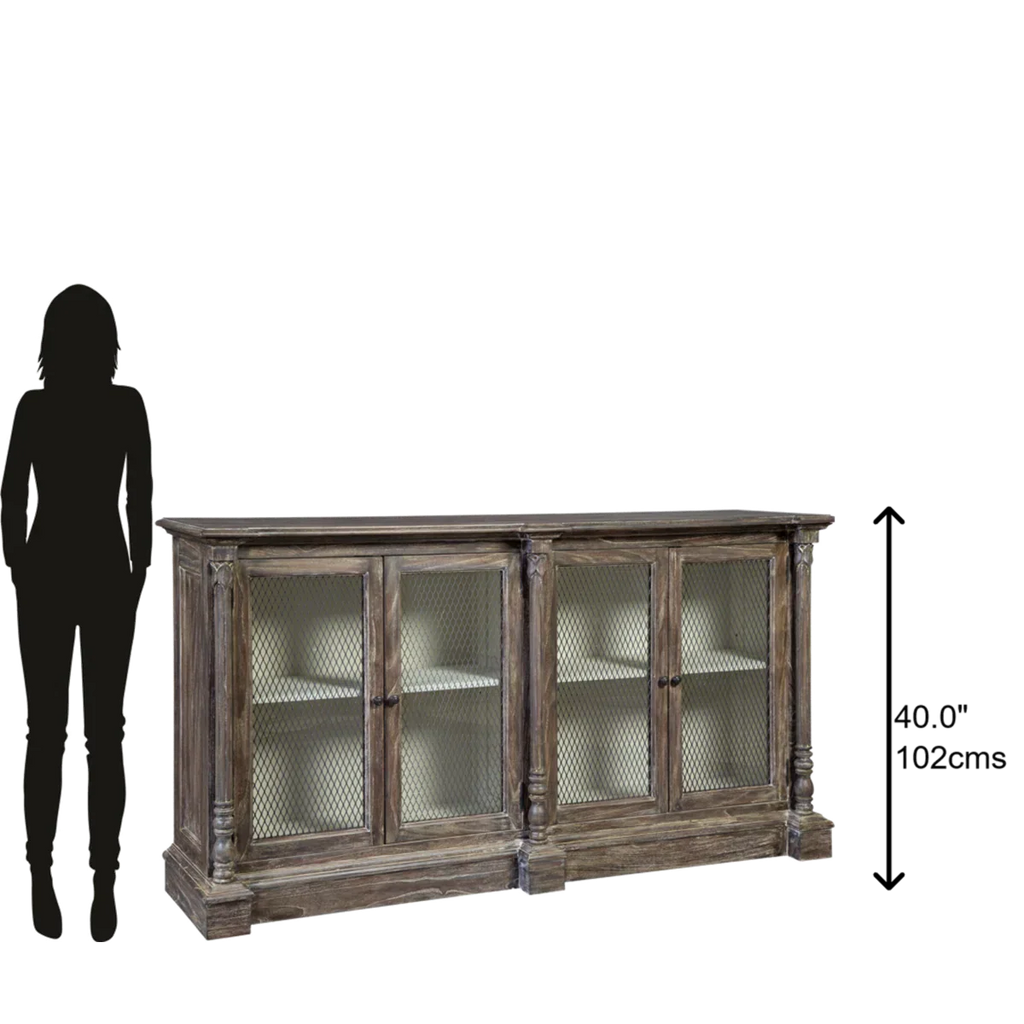 wood metal sideboard, jali sideboard, glass door sideboard, mesh door sideboard, display cabinet, distressed grey sideboard, storage sideboard, carved sideboard, vintage sideboard, accent cabinet, living room storage, dining room cabinet, hallway cabinet, entryway storage, statement sideboard, handmade sideboard, artisan made cabinet, premium wood furniture, quality furniture, durable cabinet, sturdy sideboard, timeless furniture, elegant sideboard, unique cabinet, decorative sideboard, focal piece cabinet,