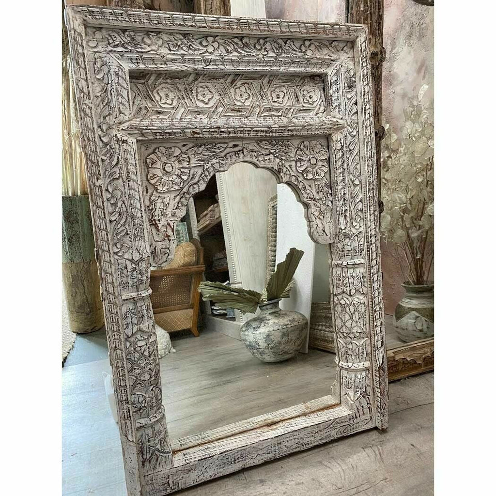 mango wood mirror, carved mirror, mehrab mirror, arched mirror, islamic mirror, moroccan mirror, distressed mirror, white mirror, rustic mirror, antique mirror, wall mirror, statement mirror, architectural mirror, jali mirror, mughal mirror, traditional mirror, handmade mirror, artisan mirror, premium mirror, quality mirror, durable mirror, elegant mirror, unique mirror, decorative mirror, focal piece mirror, handcrafted in india, sustainable mango wood, distressed white, white finish, rustic antiquing, war