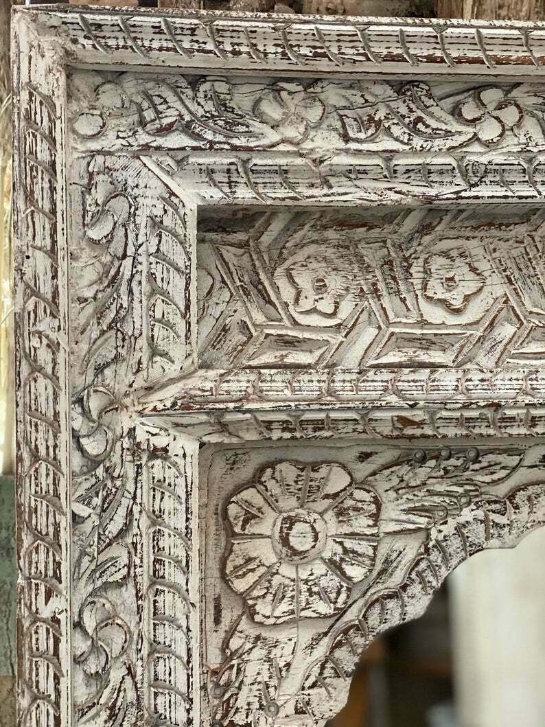 mango wood mirror, carved mirror, mehrab mirror, arched mirror, islamic mirror, moroccan mirror, distressed mirror, white mirror, rustic mirror, antique mirror, wall mirror, statement mirror, architectural mirror, jali mirror, mughal mirror, traditional mirror, handmade mirror, artisan mirror, premium mirror, quality mirror, durable mirror, elegant mirror, unique mirror, decorative mirror, focal piece mirror, handcrafted in india, sustainable mango wood, distressed white, white finish, rustic antiquing, war