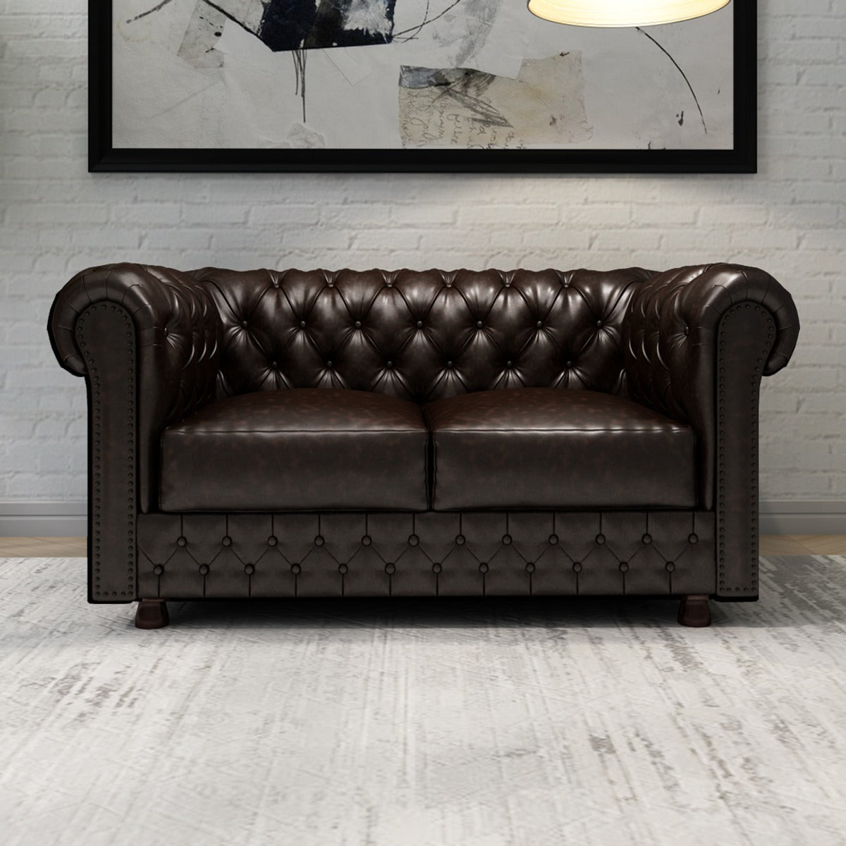Modern Chesterfield Leather Sofa | 2 Seater Tufted Couch | Handcrafted Compact Living Room Seating | J.L.HOME DECOR
