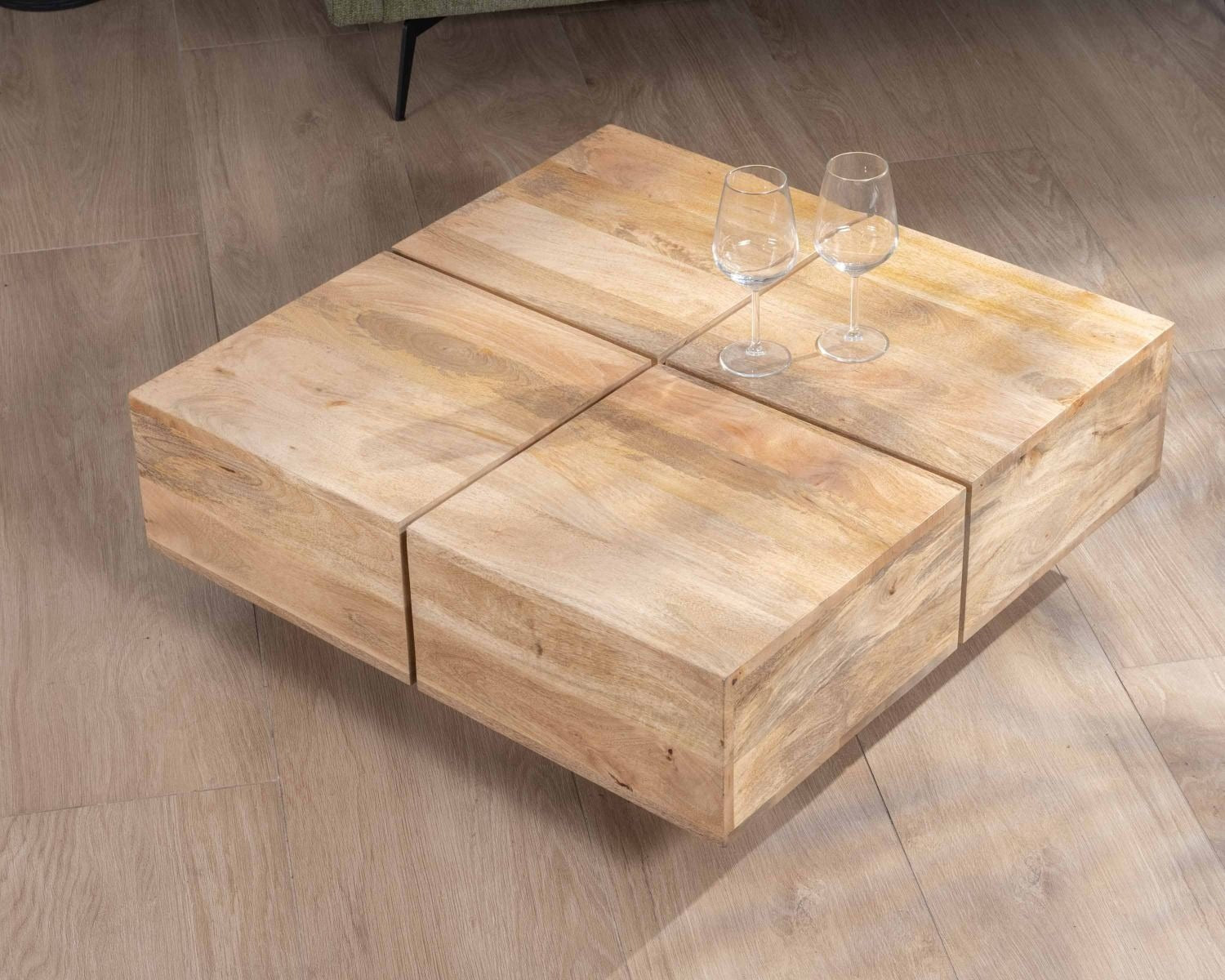 Contemporary style square coffee table in natural solid wood
