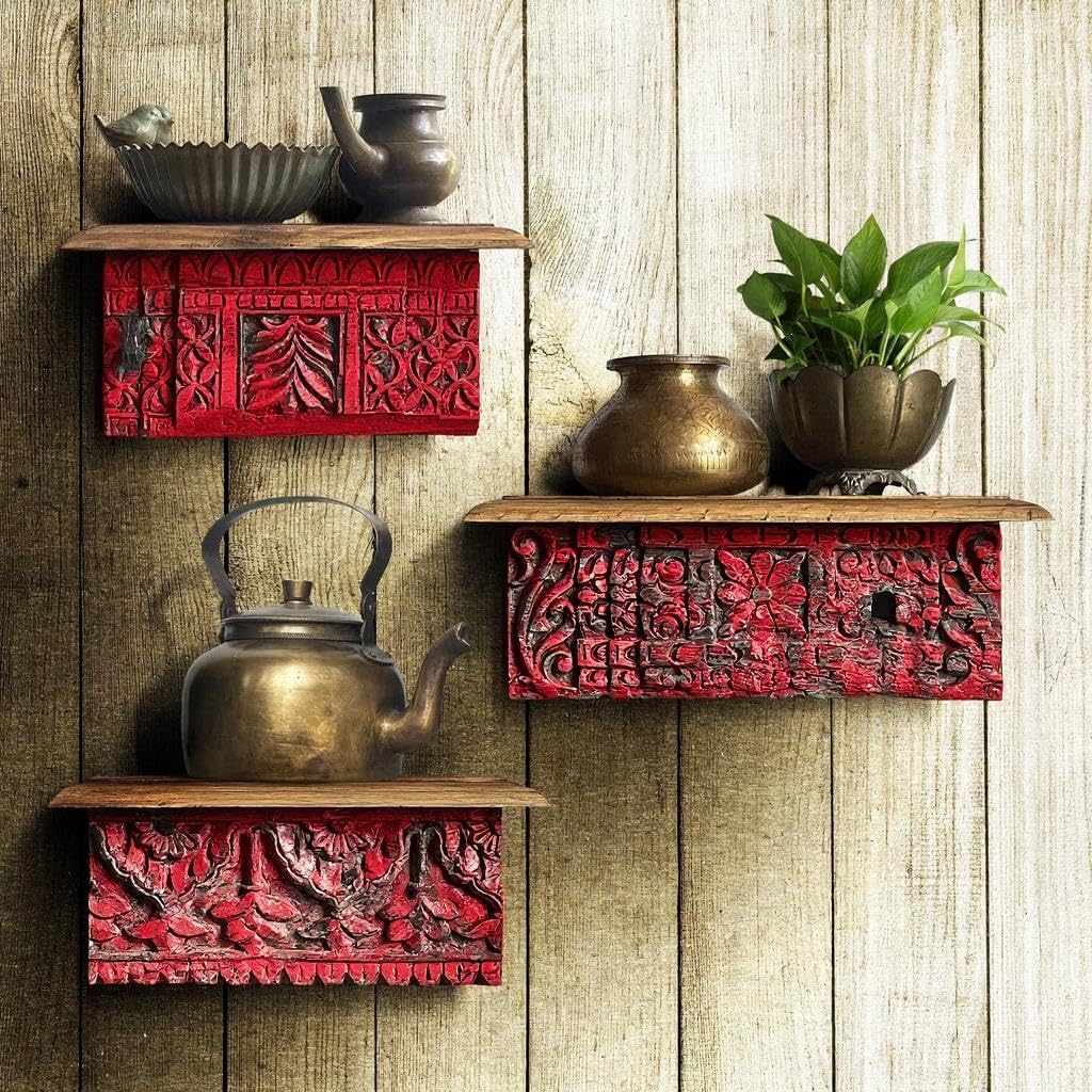 Handcrafted Set of 3 Antique Wooden Wall Shelves – Vintage Carved Living Room Decor