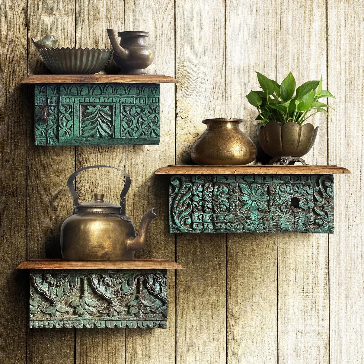 Handcrafted Set of 3 Antique Wooden Wall Shelves – Vintage Carved Living Room Decor