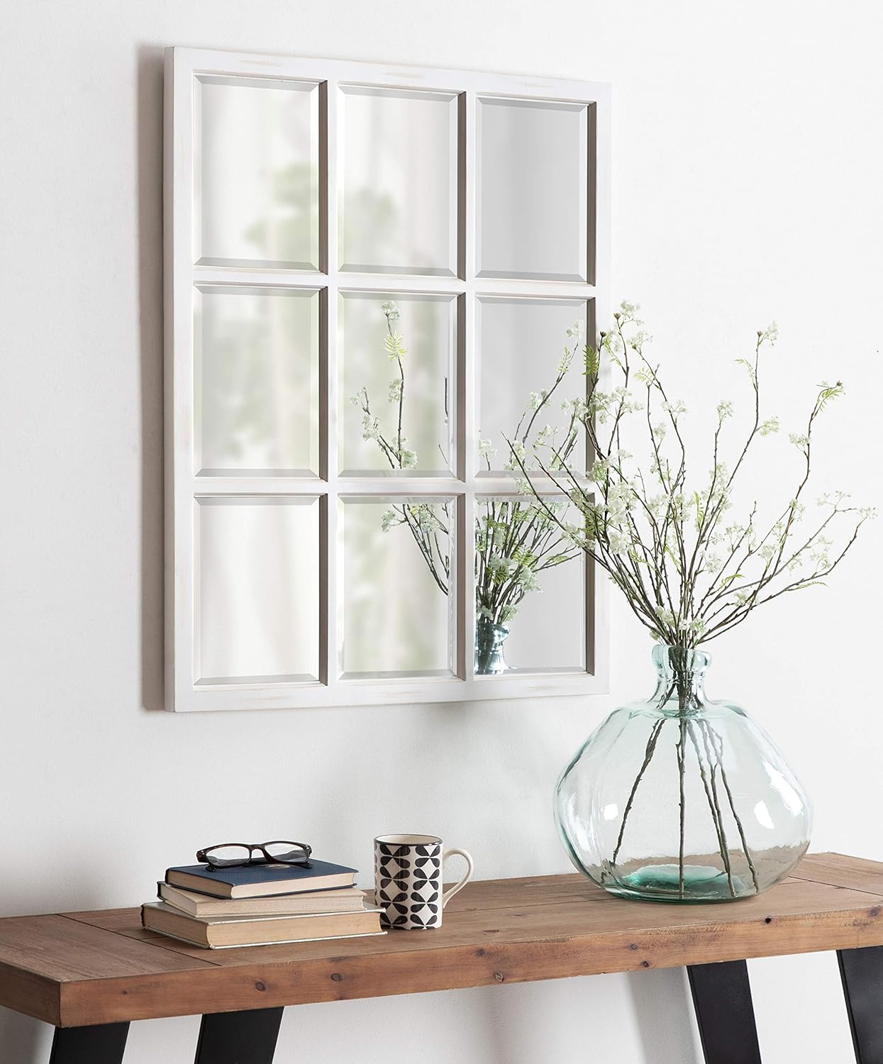 9-Panel Windowpane Wood Wall Mirror, 26 x 22 Inches