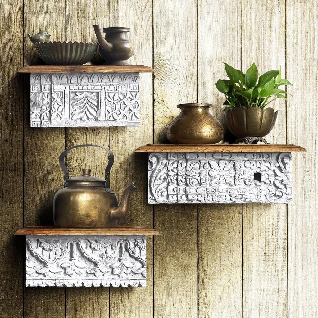 Handcrafted Set of 3 Antique Wooden Wall Shelves – Vintage Carved Living Room Decor