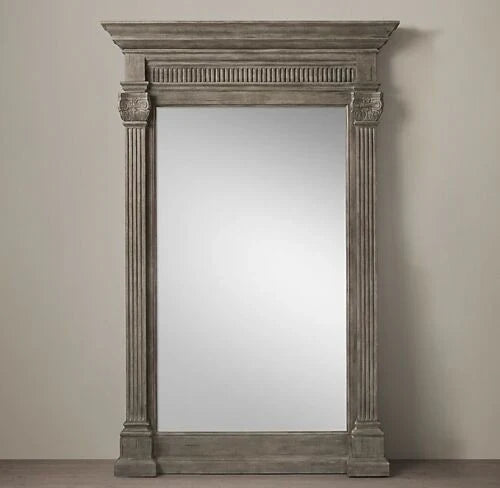 mango wood mirror, carved mirror, classical mirror, full length mirror, floor mirror, oversized mirror, grey mirror, gray mirror, wall mirror, statement mirror, architectural mirror, column mirror, neoclassical mirror, boutique mirror, dressing mirror, traditional mirror, handmade mirror, artisan mirror, premium mirror, quality mirror, durable mirror, elegant mirror, unique mirror, decorative mirror, focal piece mirror, handcrafted in india, sustainable mango wood, grey finish, gray finish, antiquing, hand 