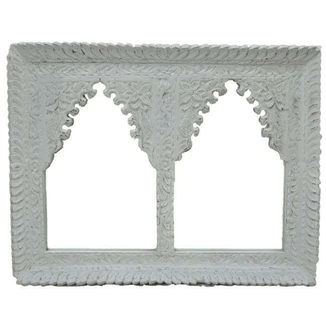 mango wood mirror, carved mirror, mehrab mirror, double arch mirror, arched mirror, white mirror, walnut mirror, rustic mirror, islamic mirror, moroccan mirror, wall mirror, statement mirror, architectural mirror, double mirror, twin arch, horizontal mirror, traditional mirror, handmade mirror, artisan mirror, premium mirror, quality mirror, durable mirror, elegant mirror, unique mirror, decorative mirror, focal piece mirror, handcrafted in india, sustainable mango wood, white finish, walnut finish, rustic 