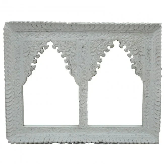 mango wood mirror, carved mirror, mehrab mirror, double arch mirror, arched mirror, white mirror, walnut mirror, rustic mirror, islamic mirror, moroccan mirror, wall mirror, statement mirror, architectural mirror, double mirror, twin arch, horizontal mirror, traditional mirror, handmade mirror, artisan mirror, premium mirror, quality mirror, durable mirror, elegant mirror, unique mirror, decorative mirror, focal piece mirror, handcrafted in india, sustainable mango wood, white finish, walnut finish, rustic 