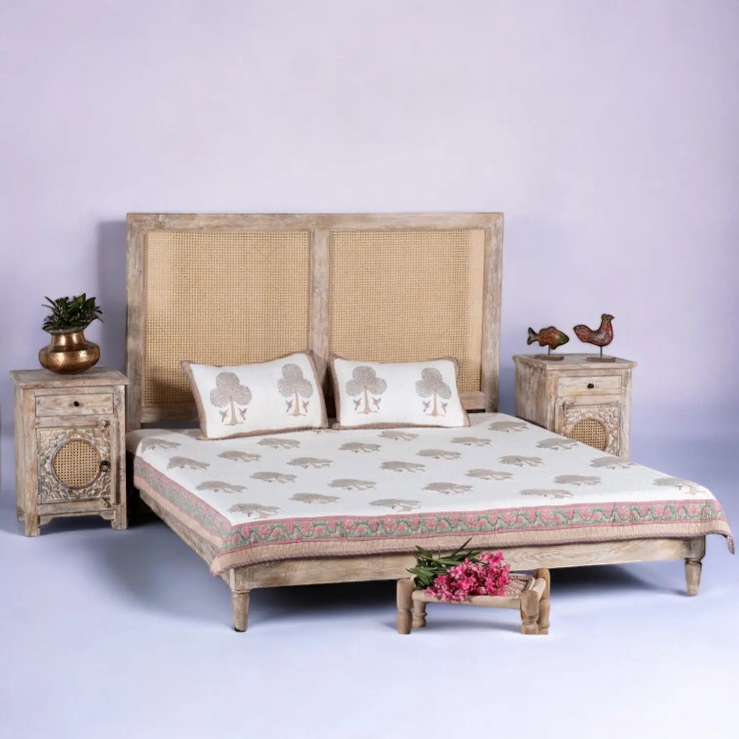 Riviera Cane Bed | Handcrafted Distressed Wood Bed with Dual Cane Headboard Panels | Living Furn India Bed  airy bed design jlhomedecor2021.myshopify.com