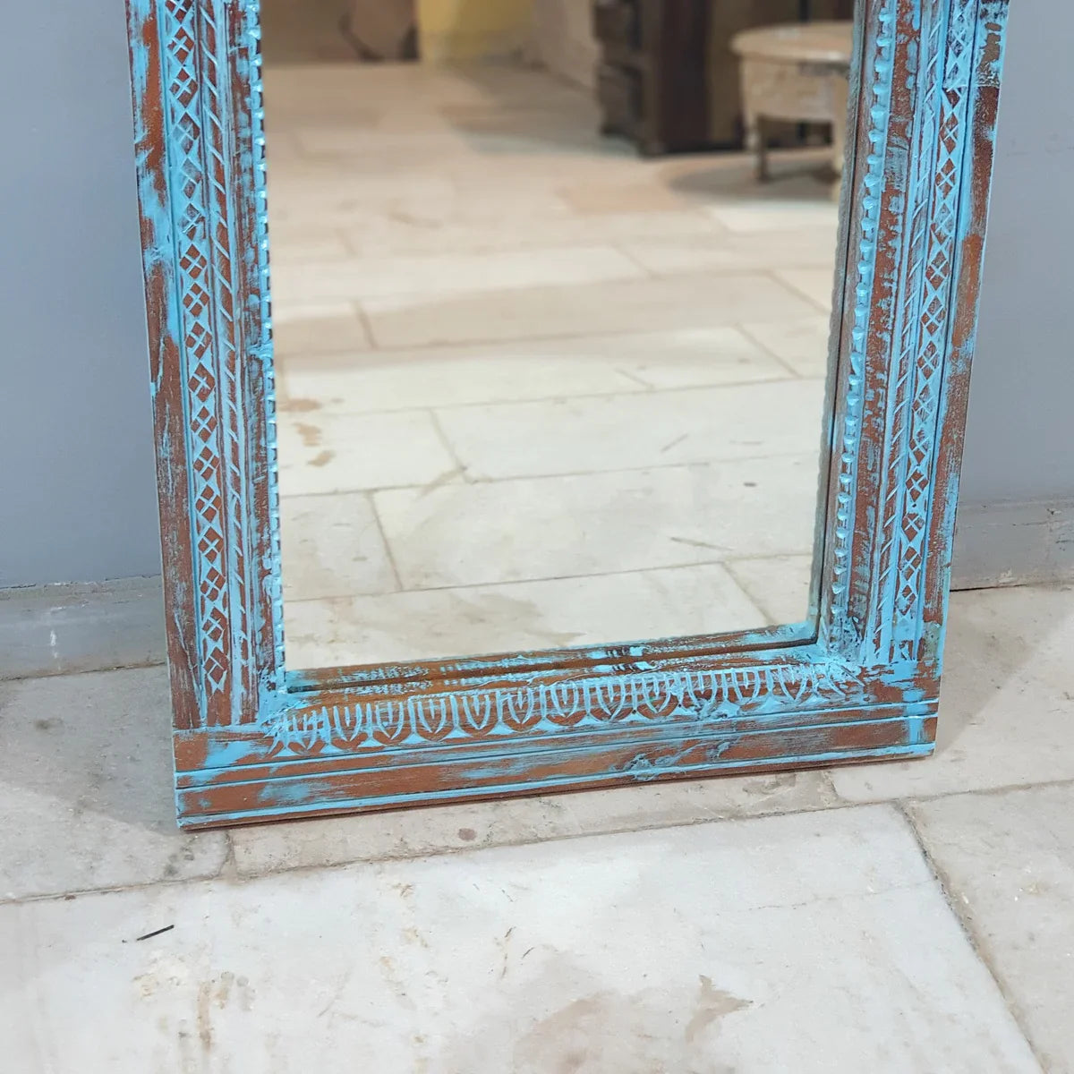 hand carved mirror, wooden frame mirror, rustic blue mirror, turquoise mirror, distressed blue mirror, full length mirror, wall mirror, mehrab arch mirror, arched mirror, entryway mirror, narrow mirror, dressing mirror, decorative mirror, indian furniture, handmade mirror, artisan made mirror, premium wood mirror, quality mirror, durable mirror, sturdy mirror, timeless mirror, elegant mirror, statement mirror, ornate mirror, unique mirror, sculptural mirror, focal piece mirror, handcrafted in india, sustain