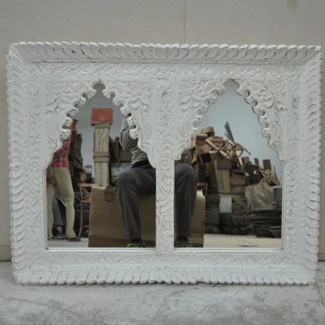 mango wood mirror, carved mirror, mehrab mirror, double arch mirror, arched mirror, white mirror, walnut mirror, rustic mirror, islamic mirror, moroccan mirror, wall mirror, statement mirror, architectural mirror, double mirror, twin arch, horizontal mirror, traditional mirror, handmade mirror, artisan mirror, premium mirror, quality mirror, durable mirror, elegant mirror, unique mirror, decorative mirror, focal piece mirror, handcrafted in india, sustainable mango wood, white finish, walnut finish, rustic 