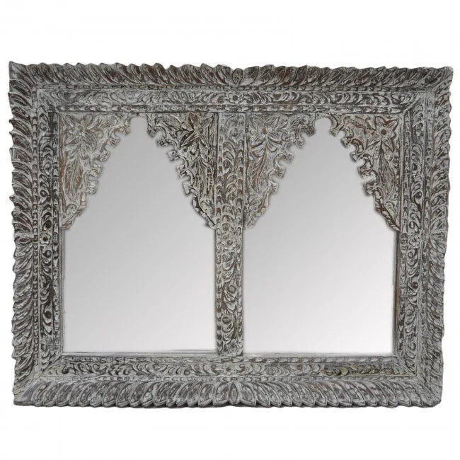 mango wood mirror, carved mirror, mehrab mirror, double arch mirror, arched mirror, white mirror, walnut mirror, rustic mirror, islamic mirror, moroccan mirror, wall mirror, statement mirror, architectural mirror, double mirror, twin arch, horizontal mirror, traditional mirror, handmade mirror, artisan mirror, premium mirror, quality mirror, durable mirror, elegant mirror, unique mirror, decorative mirror, focal piece mirror, handcrafted in india, sustainable mango wood, white finish, walnut finish, rustic 