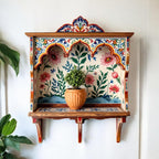Handcrafted floral wooden wall shelf with arched niche - 50×50 cm decorative display unit