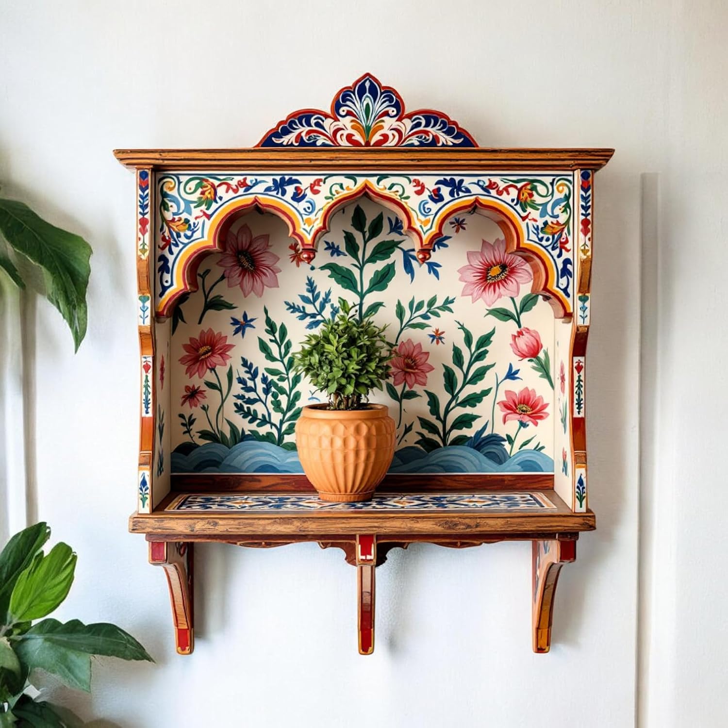 Handcrafted floral wooden wall shelf with arched niche - 50×50 cm decorative display unit