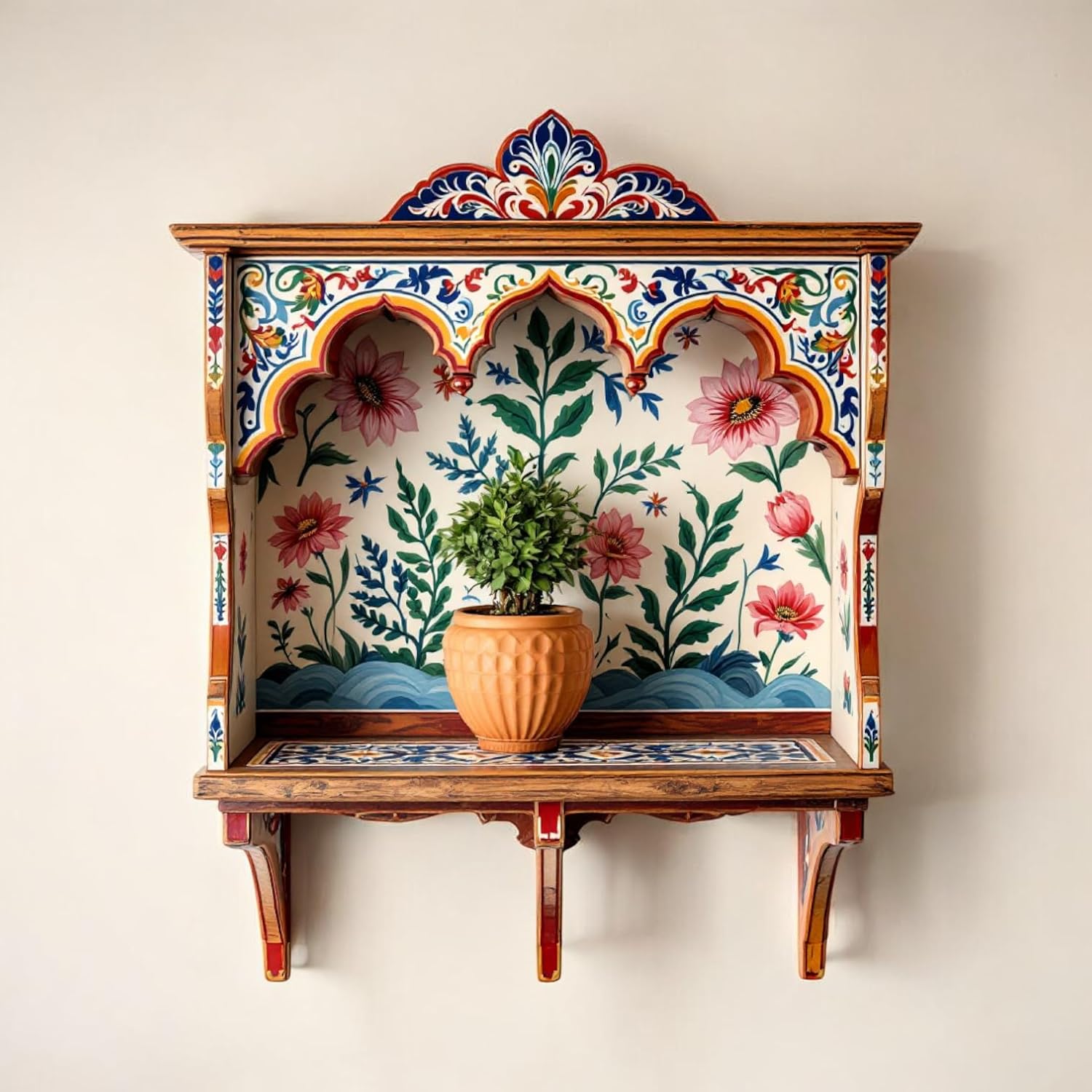 Bohemian living room with colorful wall-mounted shelf displaying plants and decor