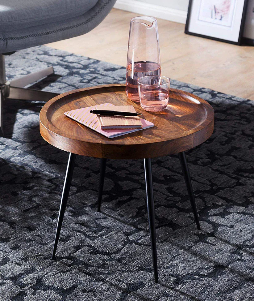 Tim Sheesham Wood End Table 100% Solid Natural Honey Walnut Finish 46x46x40cm Minimal Design
