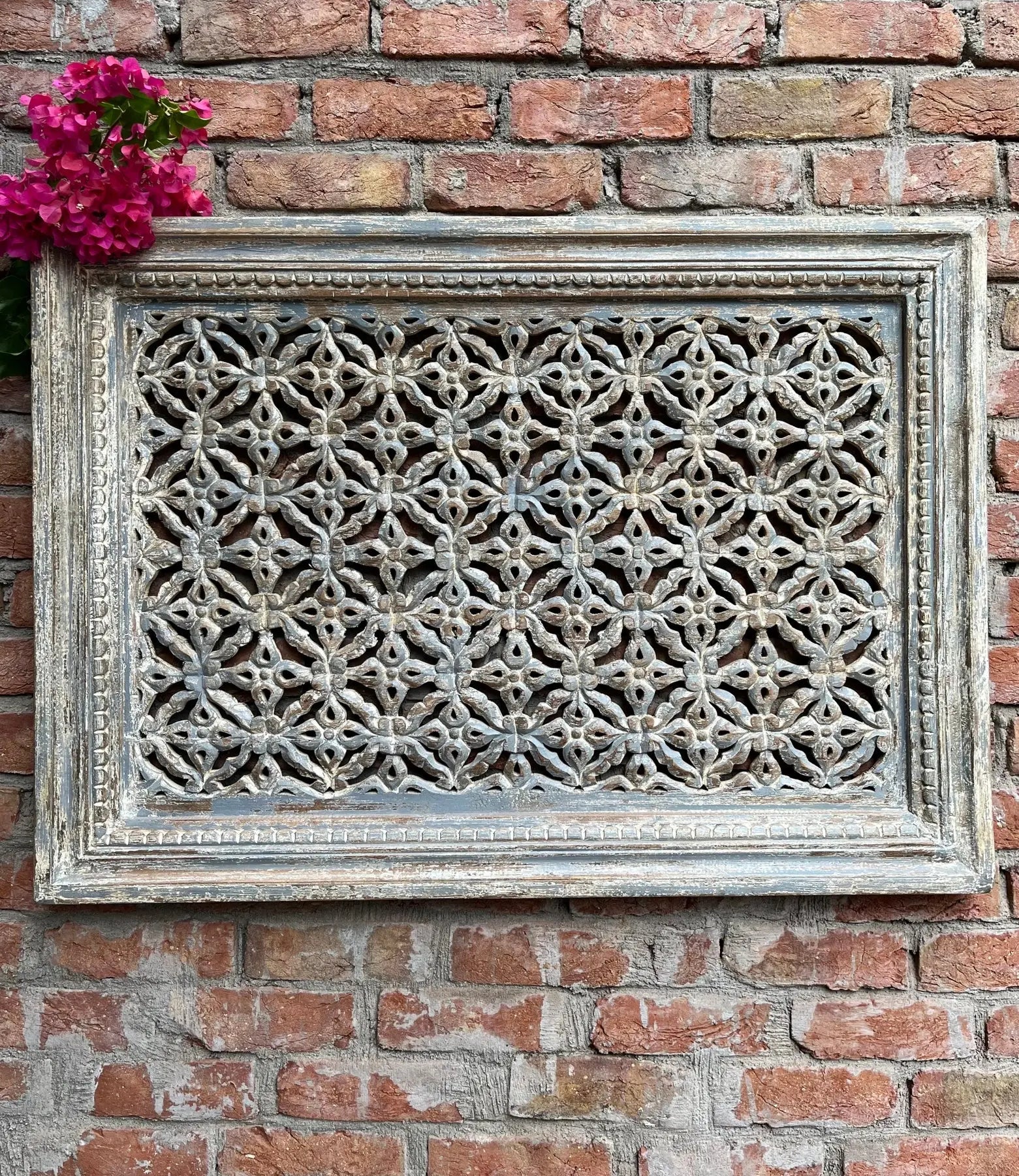 Hand‑Carved Jali Wall Panel in Mango Wood — Distressed Grey Indian Wall Decor, Lattice Carved Wooden Panel (41 × 30 in) plaques  above bed decor jlhomedecor2021.myshopify.com