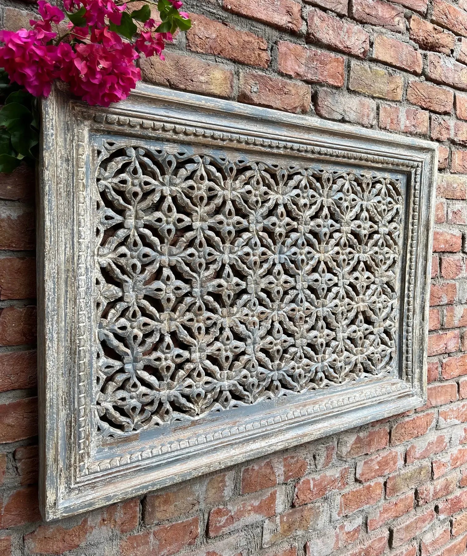 Hand‑Carved Jali Wall Panel in Mango Wood — Distressed Grey Indian Wall Decor, Lattice Carved Wooden Panel (41 × 30 in) plaques  above bed decor jlhomedecor2021.myshopify.com