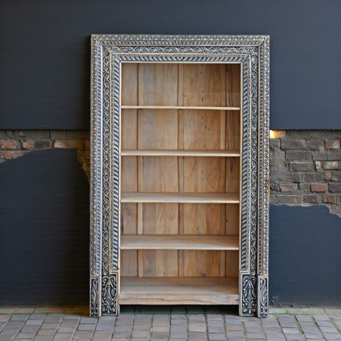 Royal Hand-Carved Mango Wood Bookcase - 190cm Distressed Blue Solid Wood Bookshelf