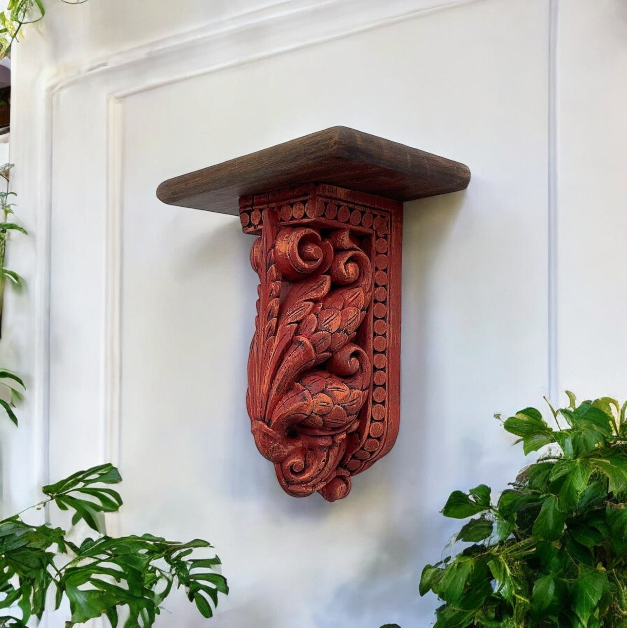Rustic Antique Decor Wooden Wall Shelf - Vintage Carved Design, 10x8x5 Inch