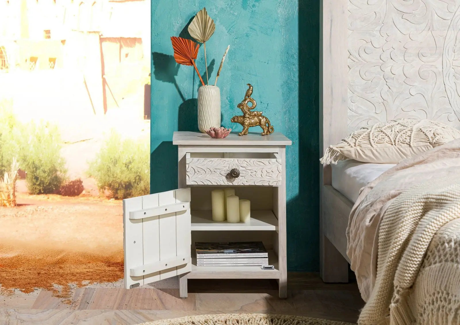 Bedside table (door hinged left) Mango 45x40x60 white Bedside Table 45cm x 40cm x 60cm carved bedside table jlhomedecor2021.myshopify.com