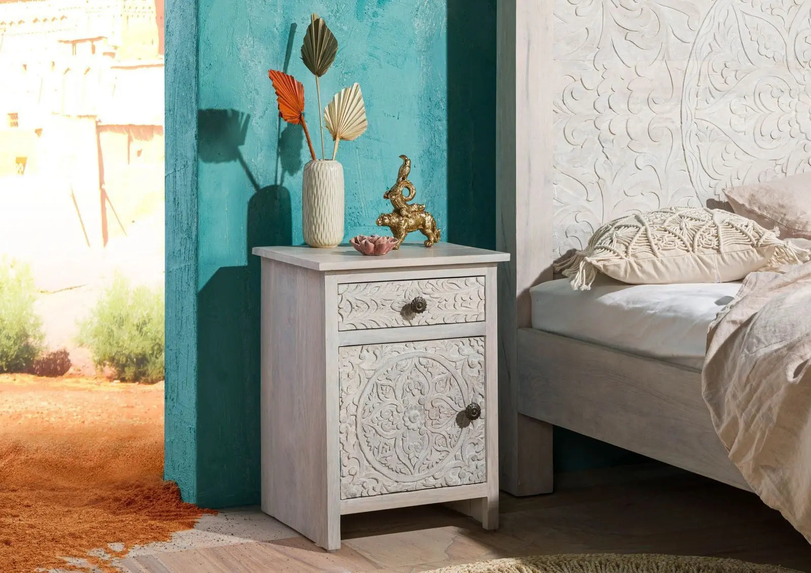 Bedside table (door hinged left) Mango 45x40x60 white Bedside Table 45cm x 40cm x 60cm carved bedside table jlhomedecor2021.myshopify.com