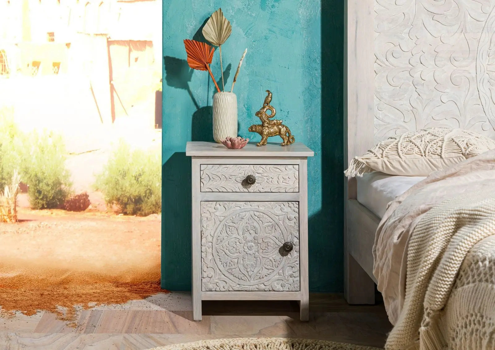 Bedside table (door hinged left) Mango 45x40x60 white Bedside Table 45cm x 40cm x 60cm carved bedside table jlhomedecor2021.myshopify.com