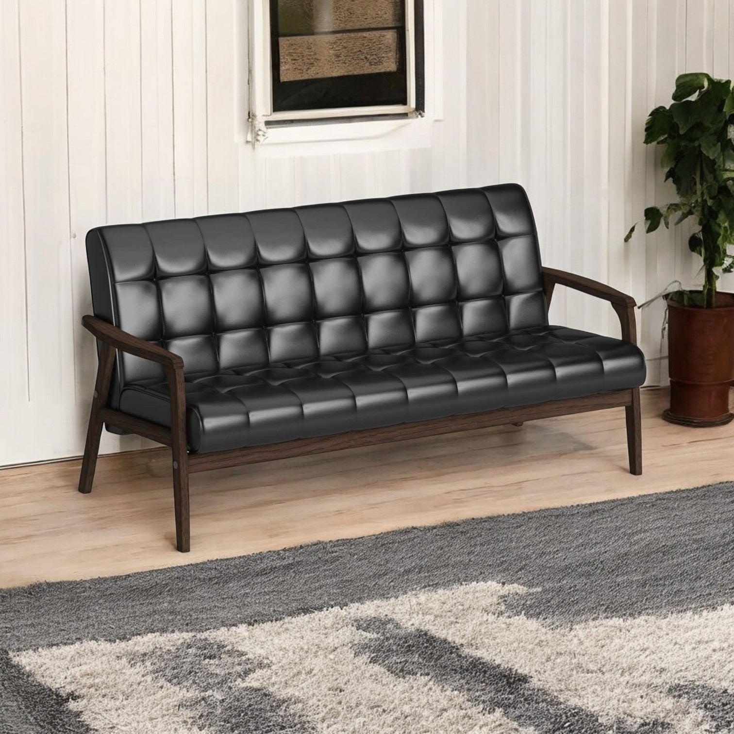 Wooden Black Leather Sofa |black couch sofa|black leather|black leather sofa set|black sofa set|black couch set|sofa|3 seater sofa|wooden sofa|living room sofa,