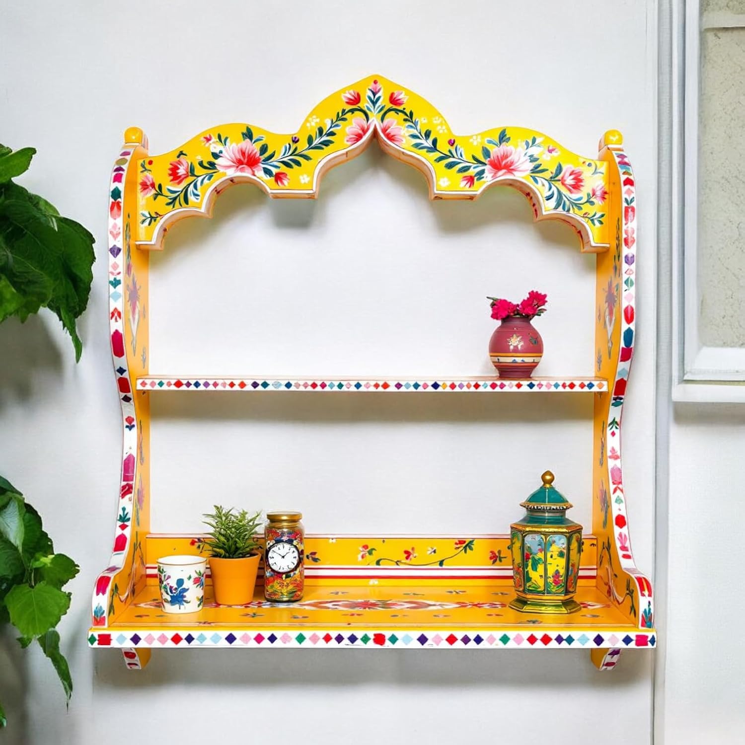 Hand-Painted Yellow Floral Wooden Wall Shelf – 2-Tier Traditional Indian Display Rack (50×50 cm)