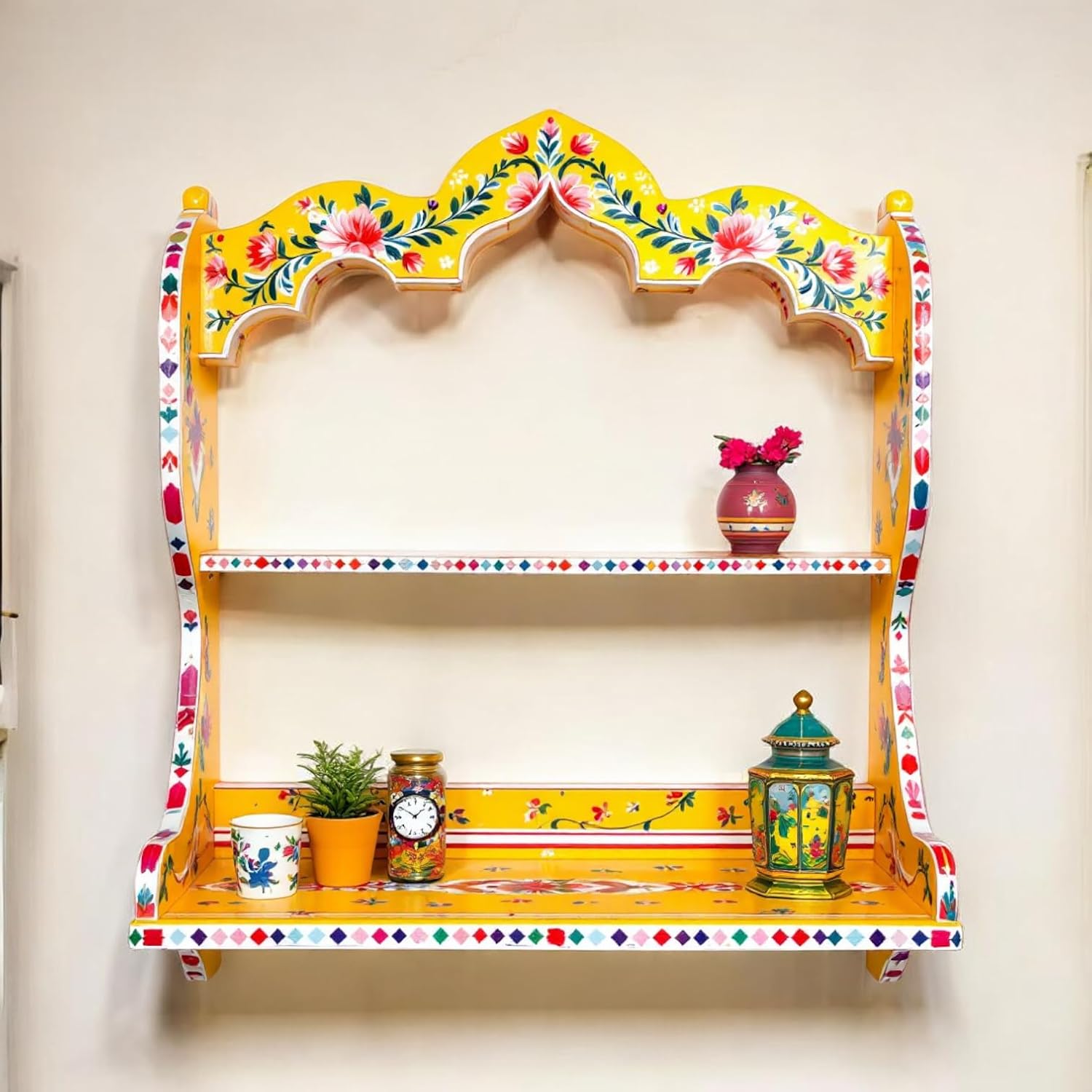 Yellow hand-painted Indian wall shelf with floral designs - 50cm 2-tier display rack