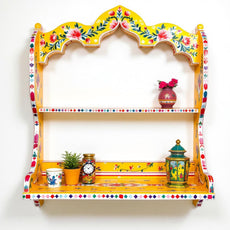 Hand-Painted Yellow Floral Wooden Wall Shelf – 2-Tier Traditional Indian Display Rack (50×50 cm)