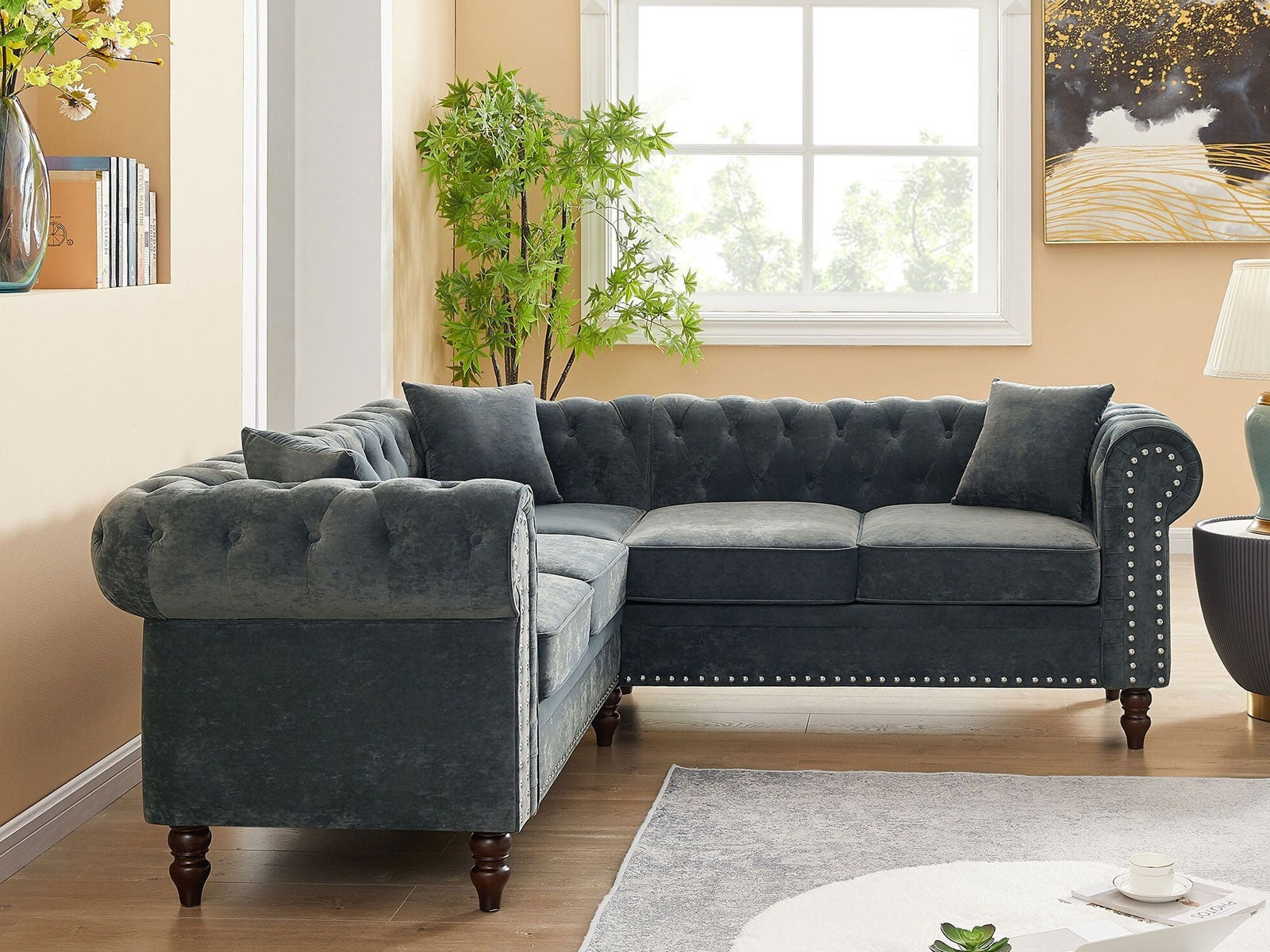 Chesterfield L-Shape Sectional Sofa | Handcrafted Living Room Seating | J.L.HOME DECOR