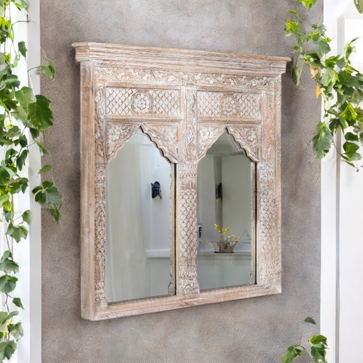 Decorative Wall Mirror - Ornate Mango Wood Frame with Distressed Finish