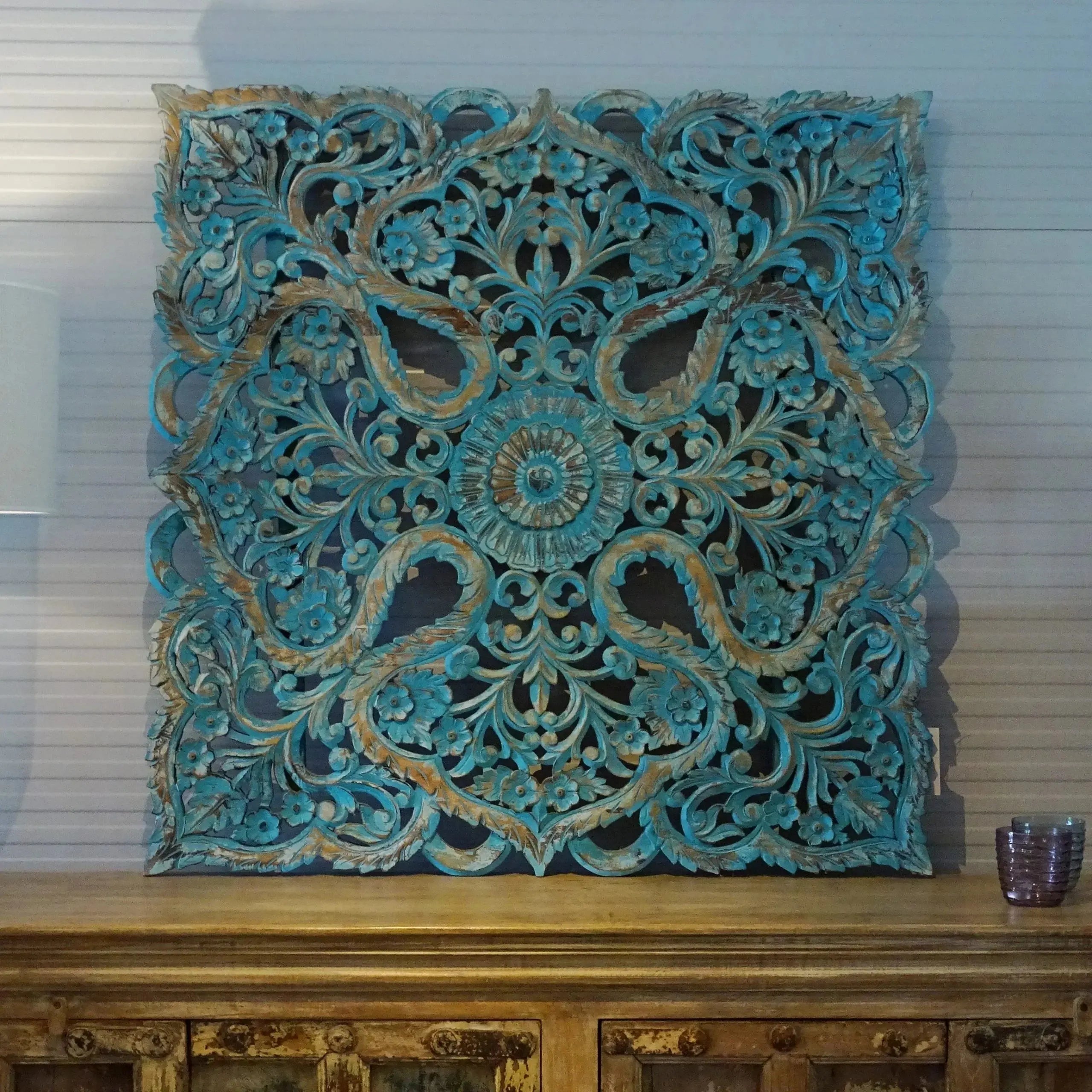 Hand‑Carved Mango Wood Wall Panel — Rustic Turquoise, Square Lotus Medallion with Scalloped Borders, 117 × 117 × 3 cm Headboard  3D wall decor jlhomedecor2021.myshopify.com