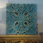 hand carved wall panel, mango wood wall art, rustic turquoise panel, square wall panel, large wall panel, oversized wall art, jali carved panel, openwork wall hanging, lotus medallion panel, acanthus wall art, jali wall art, indian furniture, living room wall art, bedroom wall decor, above bed wall panel, decorative wall panel, handmade wall art, artisan made panel, premium wood art, quality wood decor, durable wall panel, solid wood panel, sturdy wall art, timeless wall art, elegant panel, statement wall d