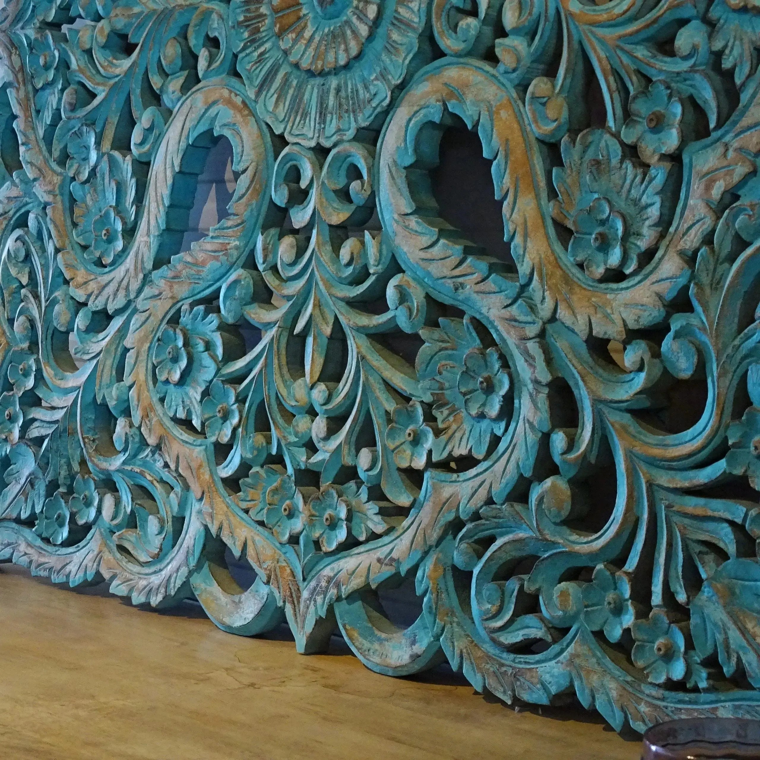 Hand‑Carved Mango Wood Wall Panel — Rustic Turquoise, Square Lotus Medallion with Scalloped Borders, 117 × 117 × 3 cm Headboard  3D wall decor jlhomedecor2021.myshopify.com