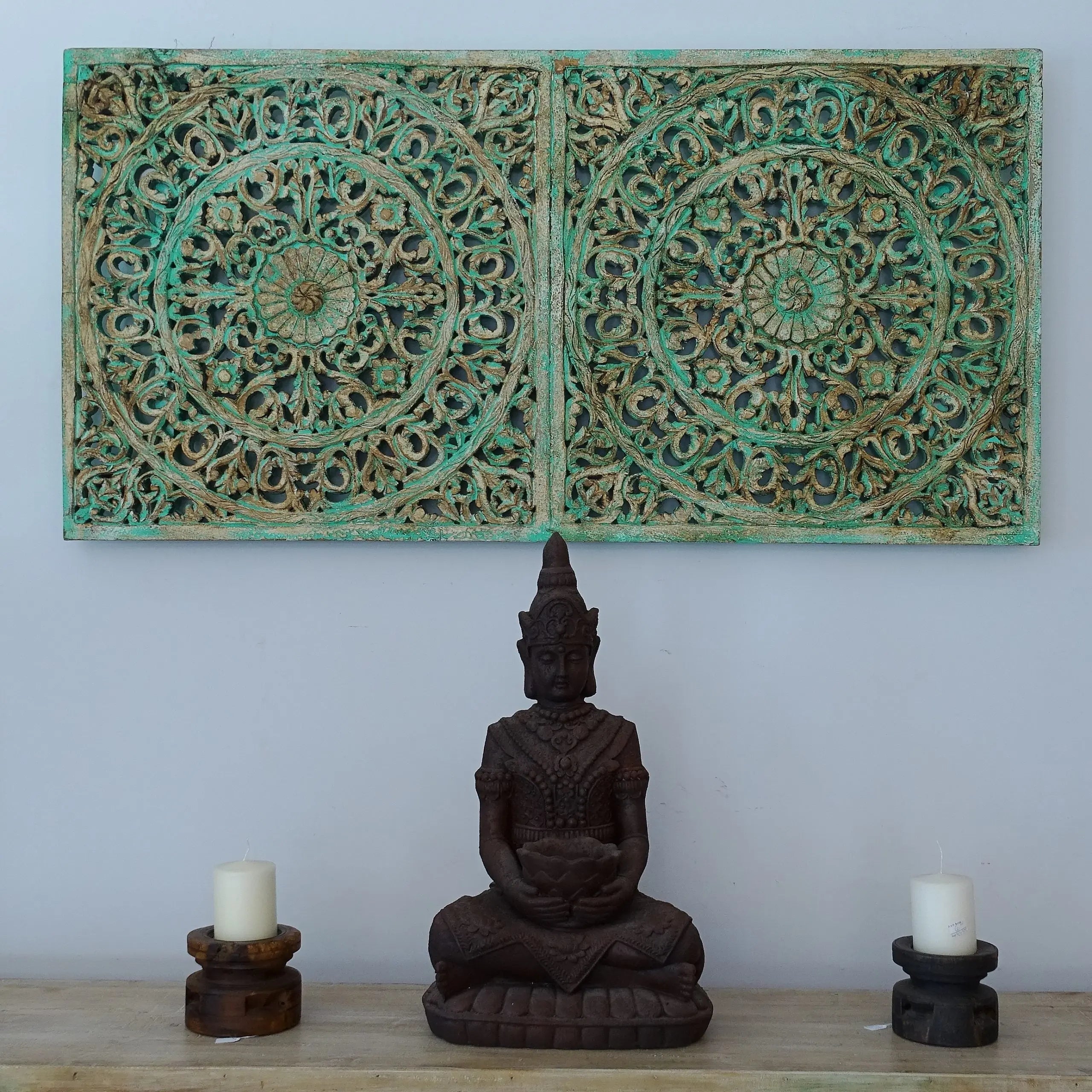 Hand‑Carved Mango Wood Wall Panel — Distressed Turquoise, Double Lotus Medallion Jali, 150 × 76 × 7 cm Headboard  3D wall decor jlhomedecor2021.myshopify.com