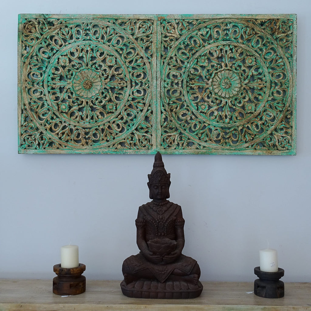 hand carved wall panel, mango wood wall art, distressed turquoise panel, horizontal wall panel, jali carved panel, openwork wall hanging, lotus medallion panel, double medallion art, jali wall art, indian furniture, living room wall art, bedroom wall decor, above bed wall panel, decorative wall panel, handmade wall art, artisan made panel, premium wood art, quality wood decor, durable wall panel, solid wood panel, sturdy wall art, timeless wall art, elegant panel, statement wall decor, decorative panel, uni