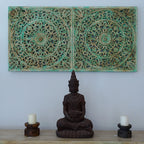 hand carved wall panel, mango wood wall art, distressed turquoise panel, horizontal wall panel, jali carved panel, openwork wall hanging, lotus medallion panel, double medallion art, jali wall art, indian furniture, living room wall art, bedroom wall decor, above bed wall panel, decorative wall panel, handmade wall art, artisan made panel, premium wood art, quality wood decor, durable wall panel, solid wood panel, sturdy wall art, timeless wall art, elegant panel, statement wall decor, decorative panel, uni