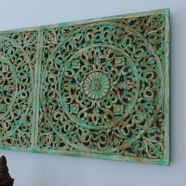 hand carved wall panel, mango wood wall art, distressed turquoise panel, horizontal wall panel, jali carved panel, openwork wall hanging, lotus medallion panel, double medallion art, jali wall art, indian furniture, living room wall art, bedroom wall decor, above bed wall panel, decorative wall panel, handmade wall art, artisan made panel, premium wood art, quality wood decor, durable wall panel, solid wood panel, sturdy wall art, timeless wall art, elegant panel, statement wall decor, decorative panel, uni