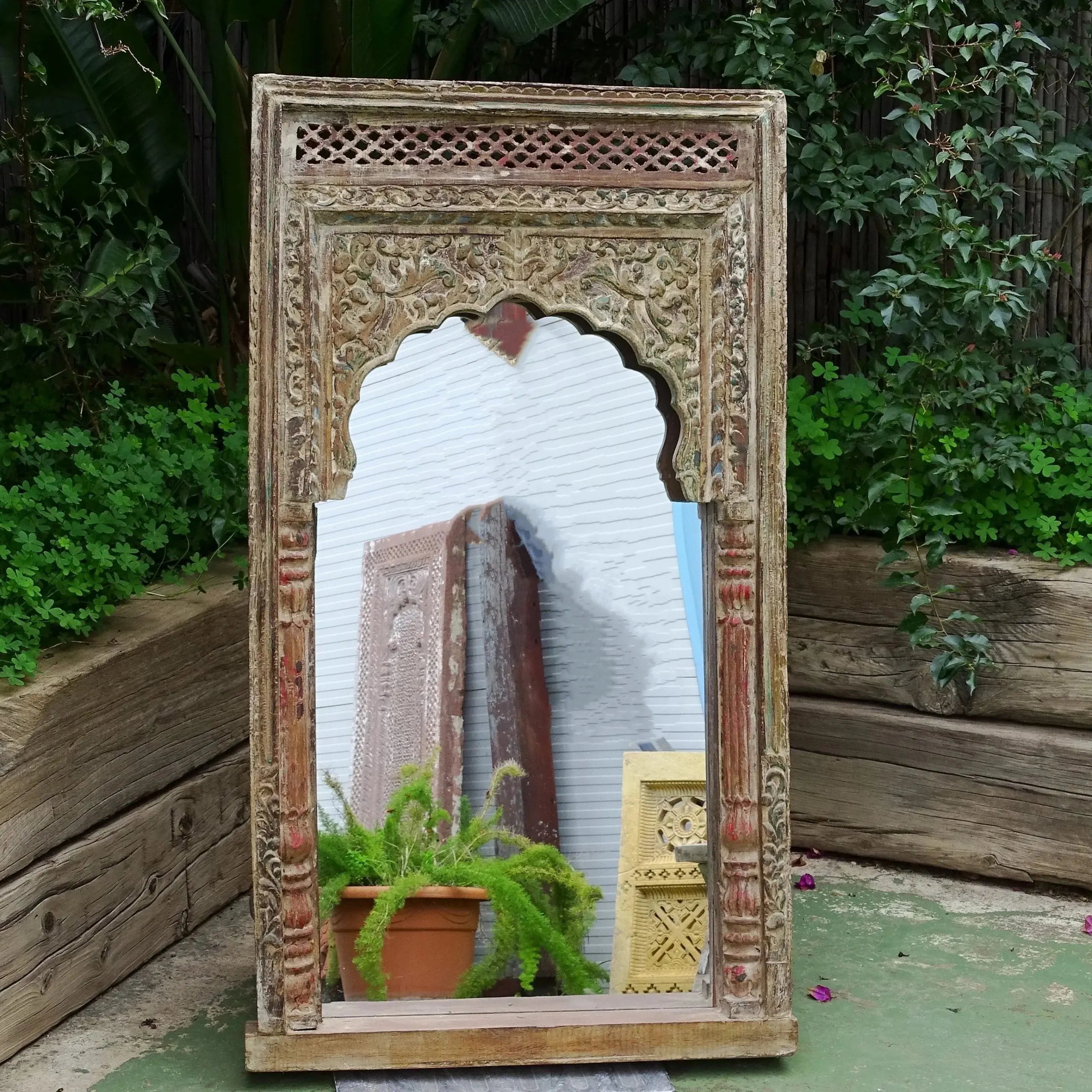 Hand‑Carved Mango Wood Mirror — Vintage Rustic Mehrab Arch, Diamond Jali Lattice, 64 × 118 × 12 cm Mirror  185x90 cm mirror jlhomedecor2021.myshopify.com