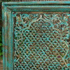 hand carved wall panel, mango wood wall art, distressed turquoise panel, jali carved panel, openwork wall hanging, quatrefoil lattice panel, jali wall art, indian furniture, living room wall art, bedroom wall decor, entryway wall panel, decorative wall panel, handmade wall art, artisan made panel, premium wood art, quality wood decor, durable wall panel, timeless wall art, elegant panel, statement wall decor, decorative panel, unique wall art, sculptural panel, focal piece art, handcrafted in india, sustain